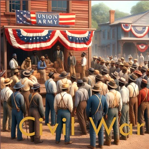 African American civilian men crowd around a Union Army recruiting stand in 1863.